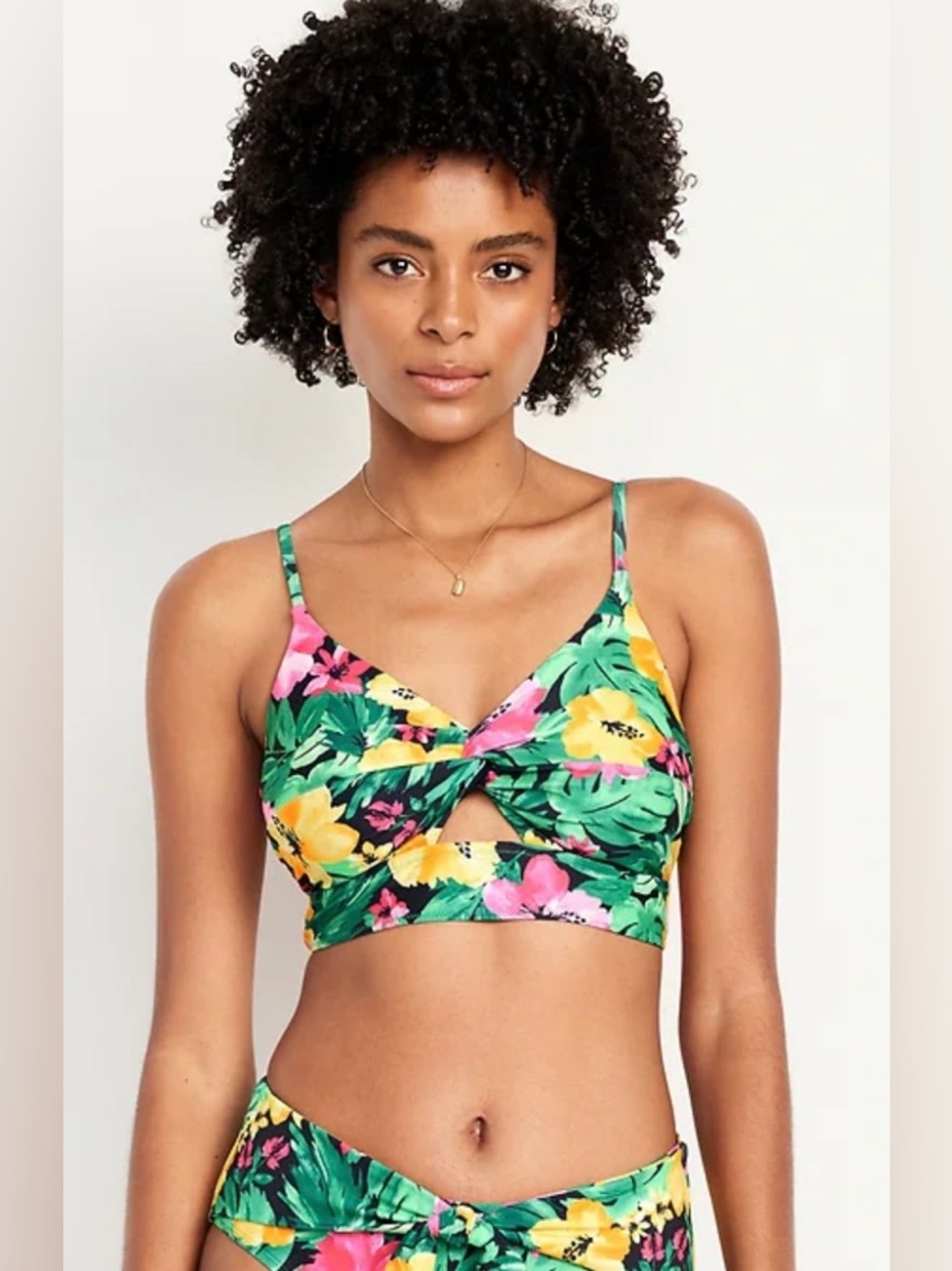 Tropical Floral Twist Bralette & High Waist Bottoms- Green, Yellow & Pink